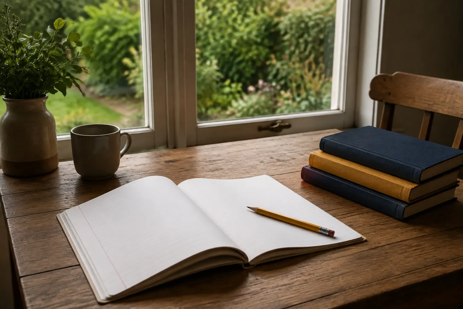 An open exercise book and pencil on a kitchen table beside a garden window