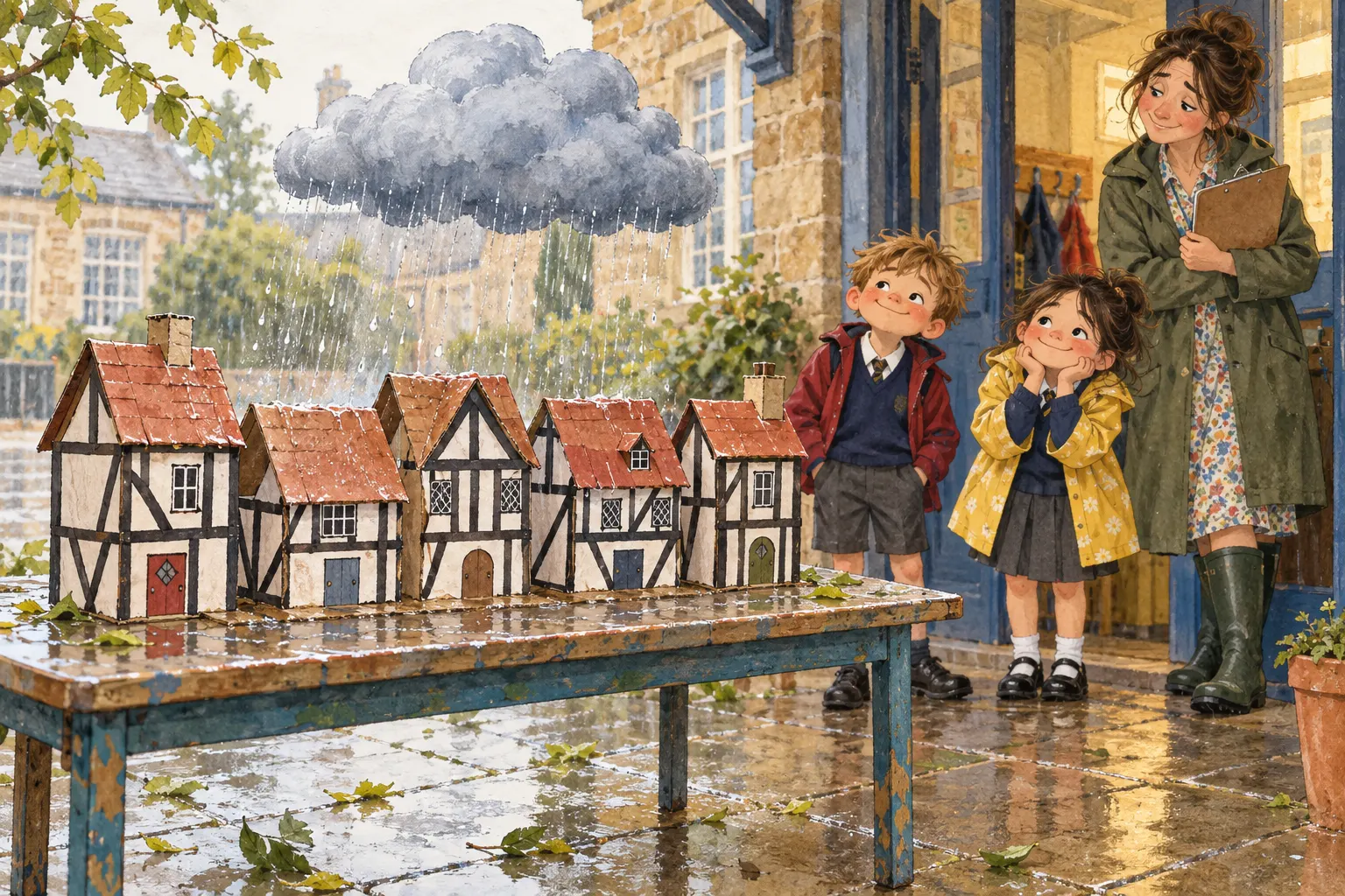 Imagined cardboard Tudor-style houses in a narrow row beneath one small rain cloud.