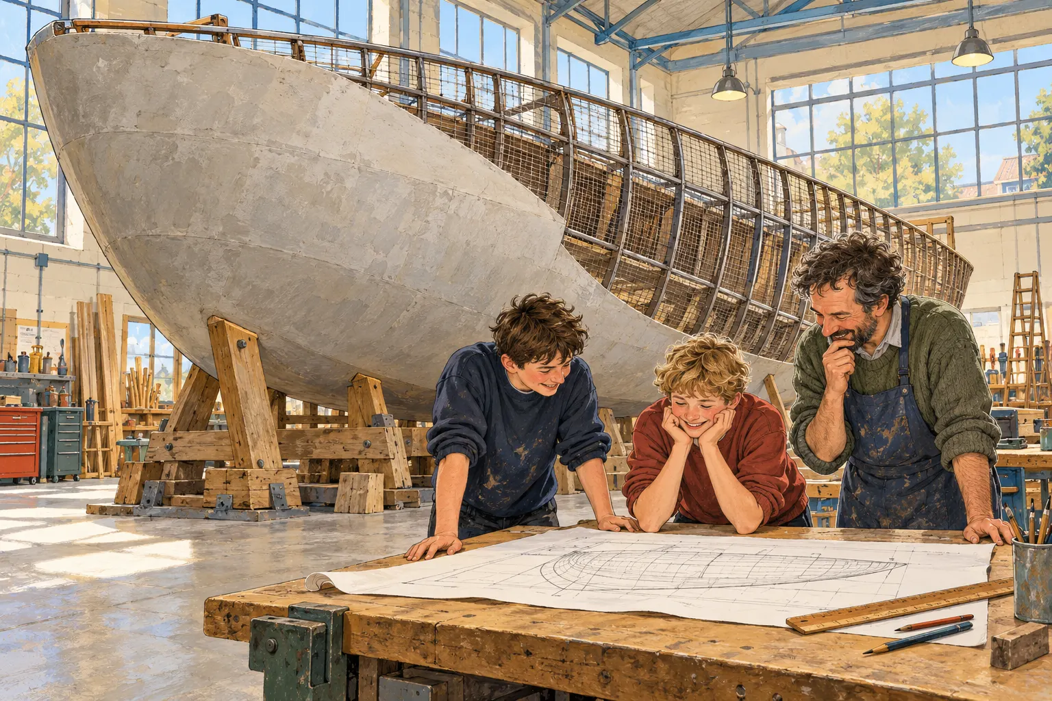 Imagined pupils inspect a large boat frame in a workshop.