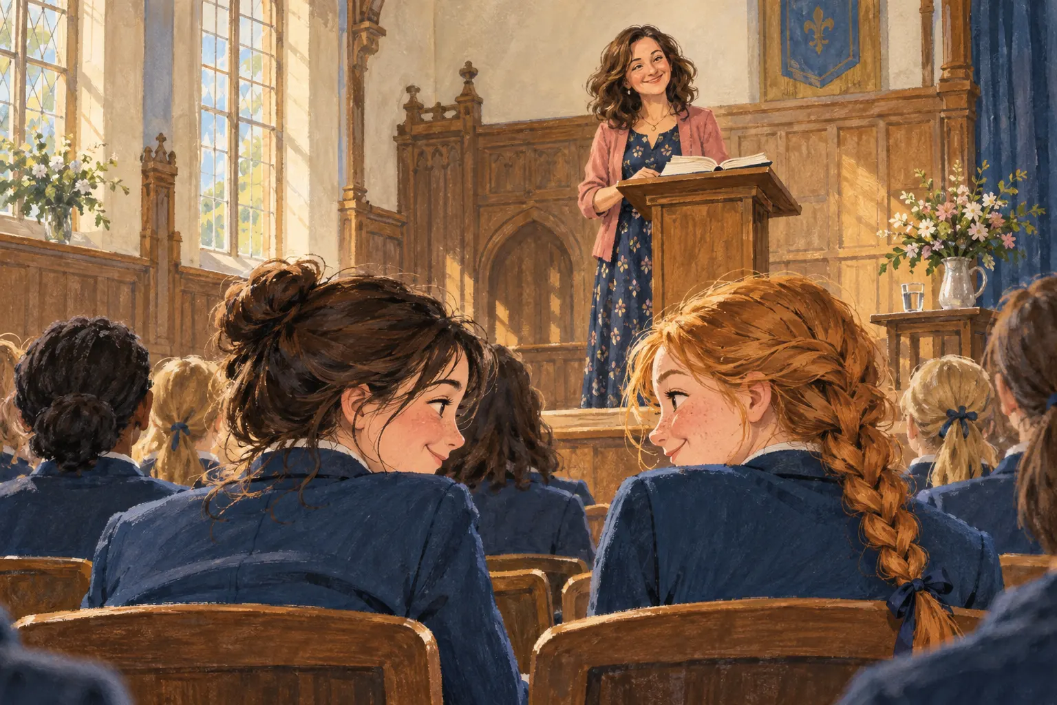 An imagined author reads from a book at a lectern.