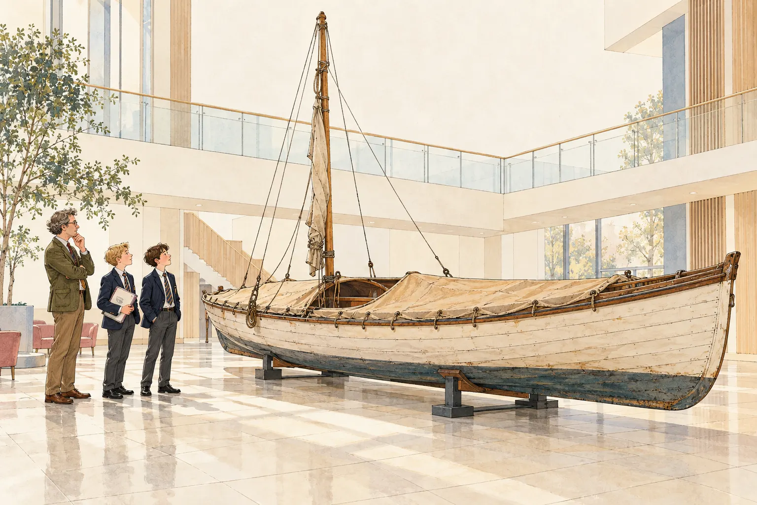 Conceptual illustration of pupils and a teacher considering an expedition lifeboat displayed in a bright school hall.
