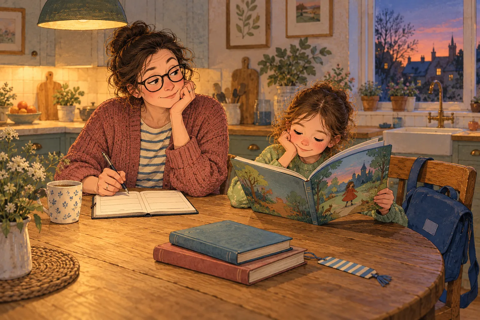 Conceptual illustration of a parent pausing over a small reading notebook while a child reads comfortably beside them.