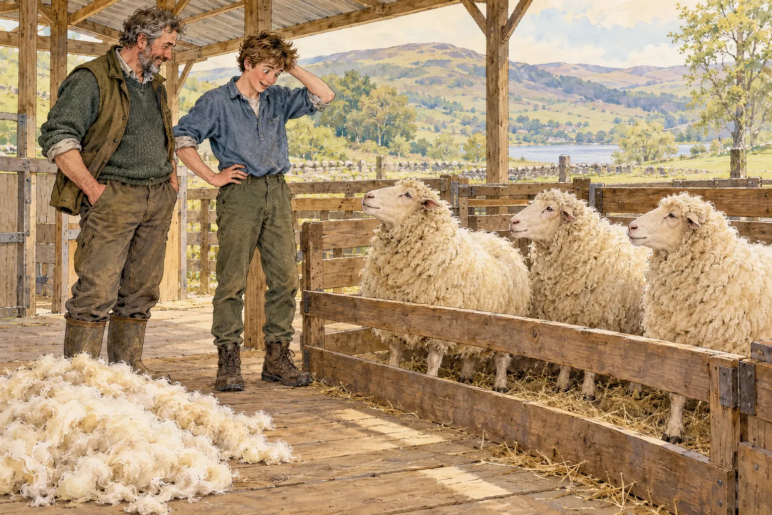 A fictional young shearer and an instructor stand beside three sheep in an imagined shearing shed.