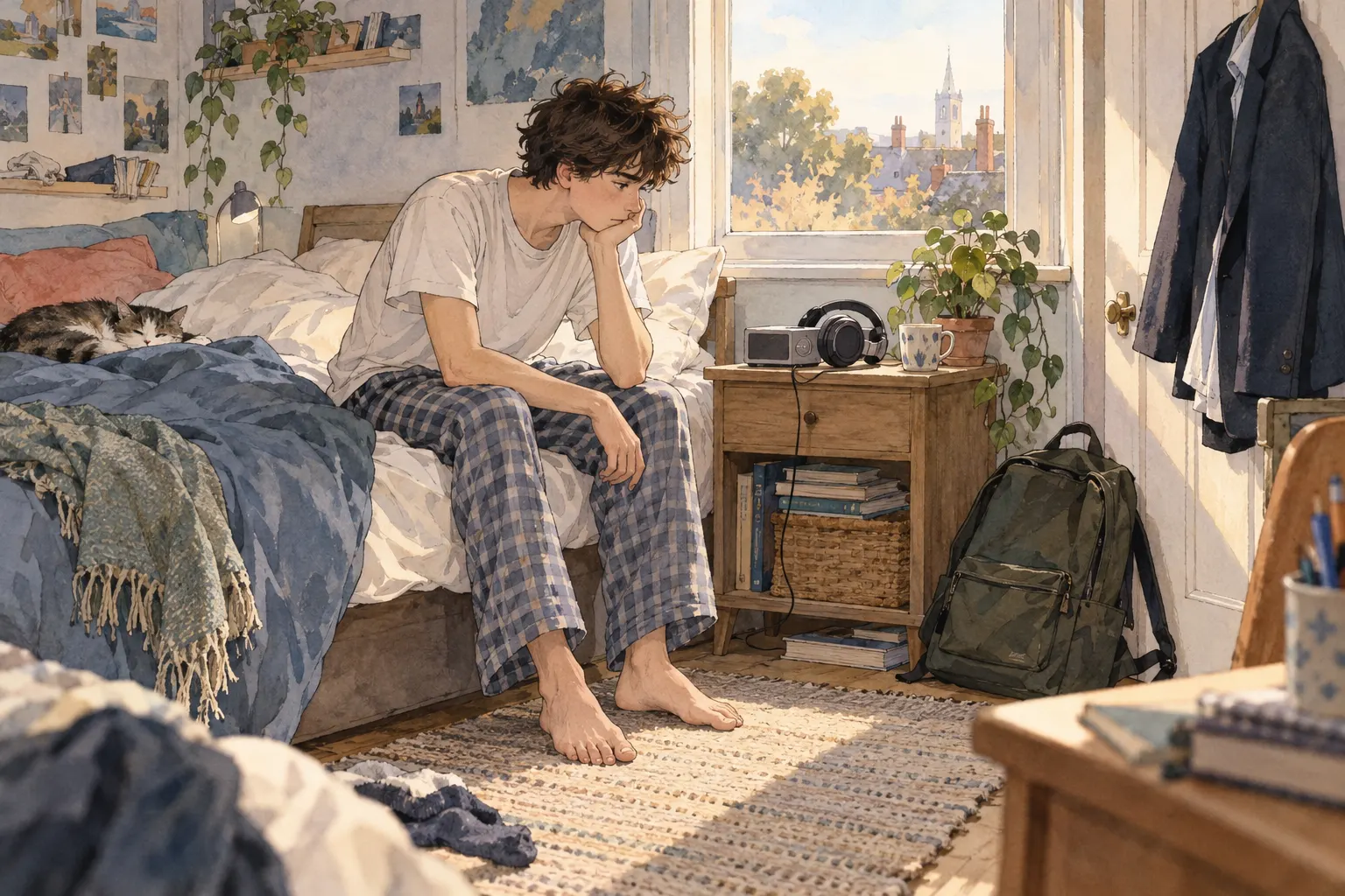 An imagined teenage boy sits on the edge of a bed.