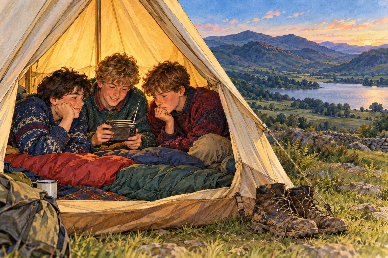 Conceptual illustration of boys listening to a transistor radio inside a bell tent.
