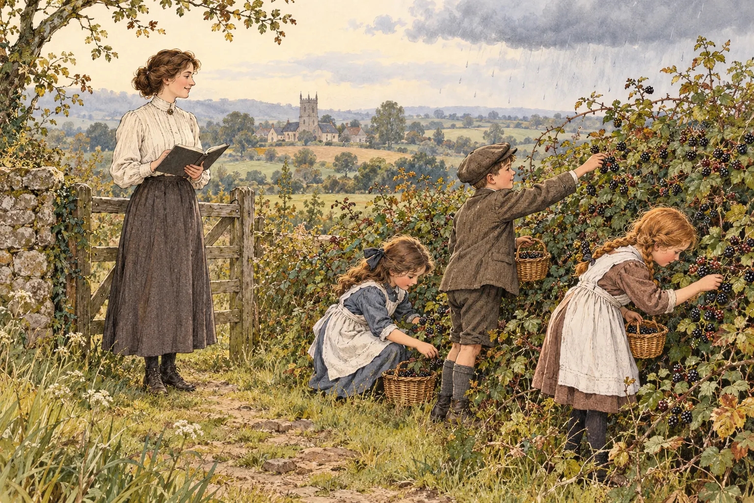 Imagined 1918 school outing with a teacher holding a notebook while children gather blackberries beside a field gate.