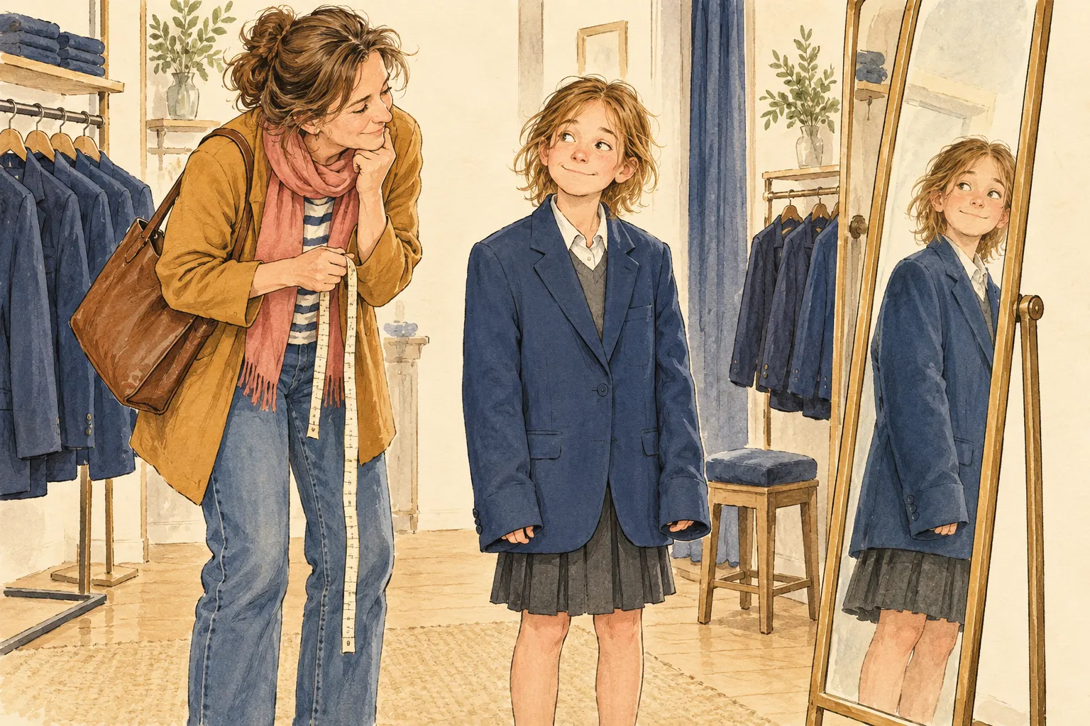 A fictional parent and child in a uniform shop, the blazer sleeves swallowing the child’s hands.